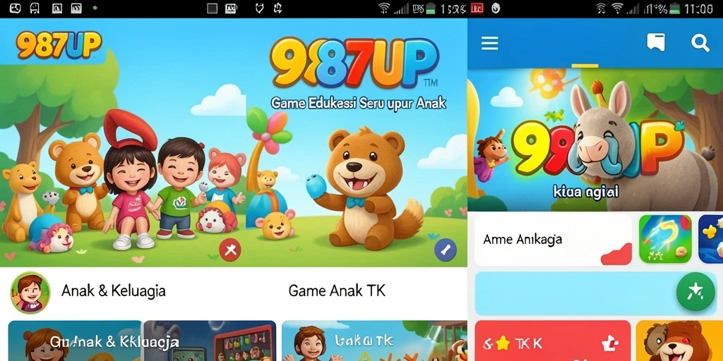 Tampilan antarmuka utama 987UP yang ceria dan edukatif.