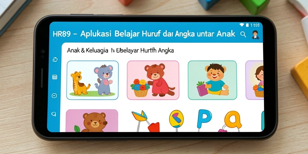 Tampilan antarmuka aplikasi HR89 untuk belajar huruf dan angka.